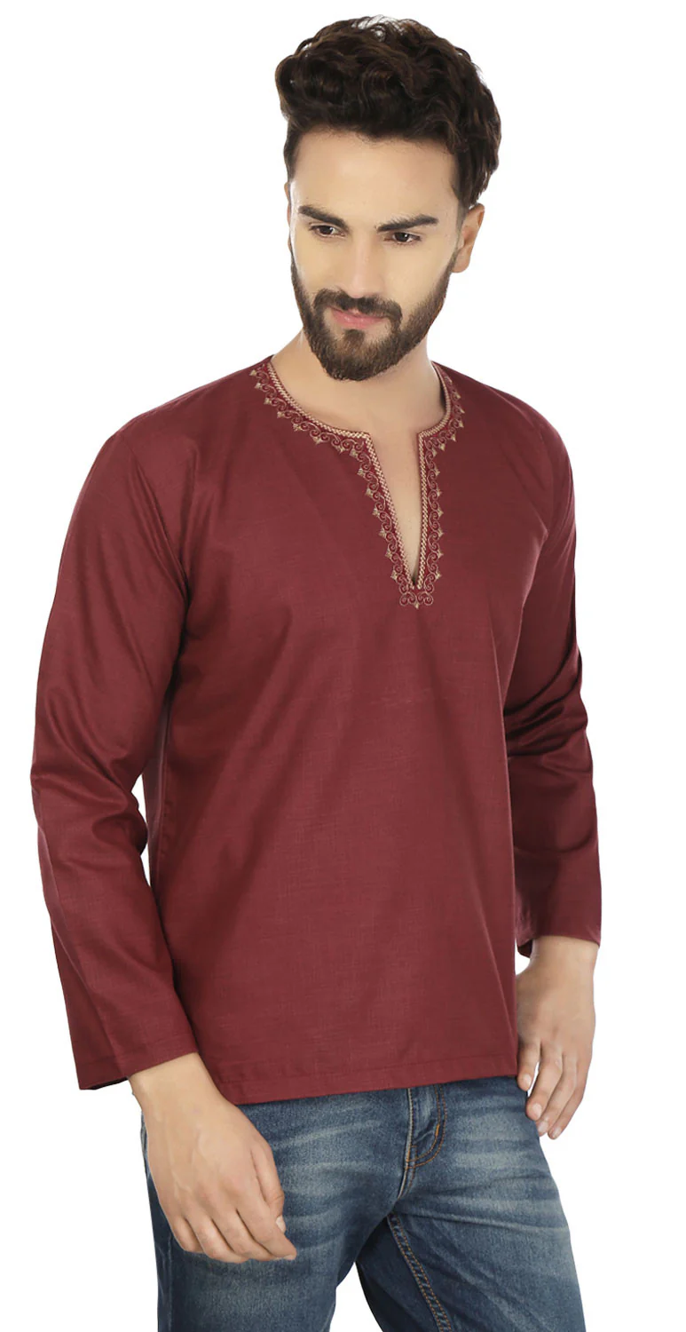 Cotton Dress Mens Short Kurta Shirt India Clothing (Maroon) - Image 5
