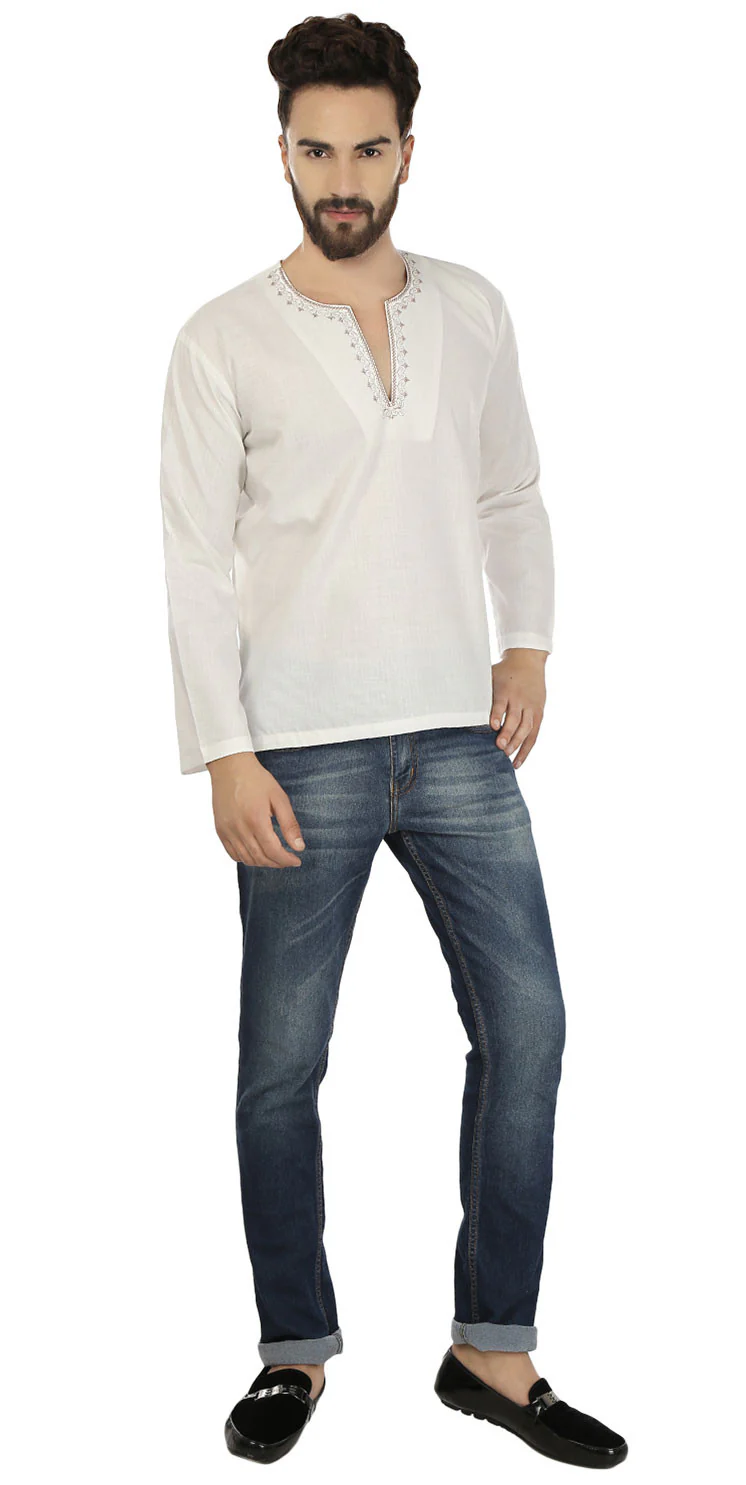 Cotton Dress Mens Short Kurta Shirt India Clothing (Off-White) - Image 2