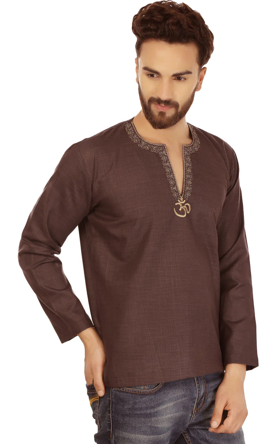 Cotton Dress Mens Short Kurta Shirt India Clothing (Chocolate) - Image 5