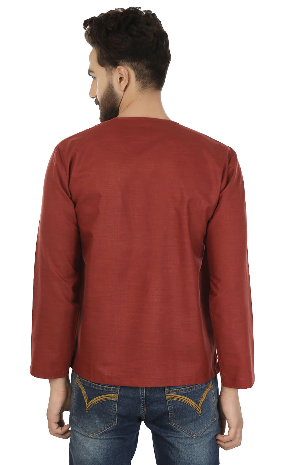Cotton Dress Mens Short Kurta Shirt India Clothing (Maroon) - Image 3