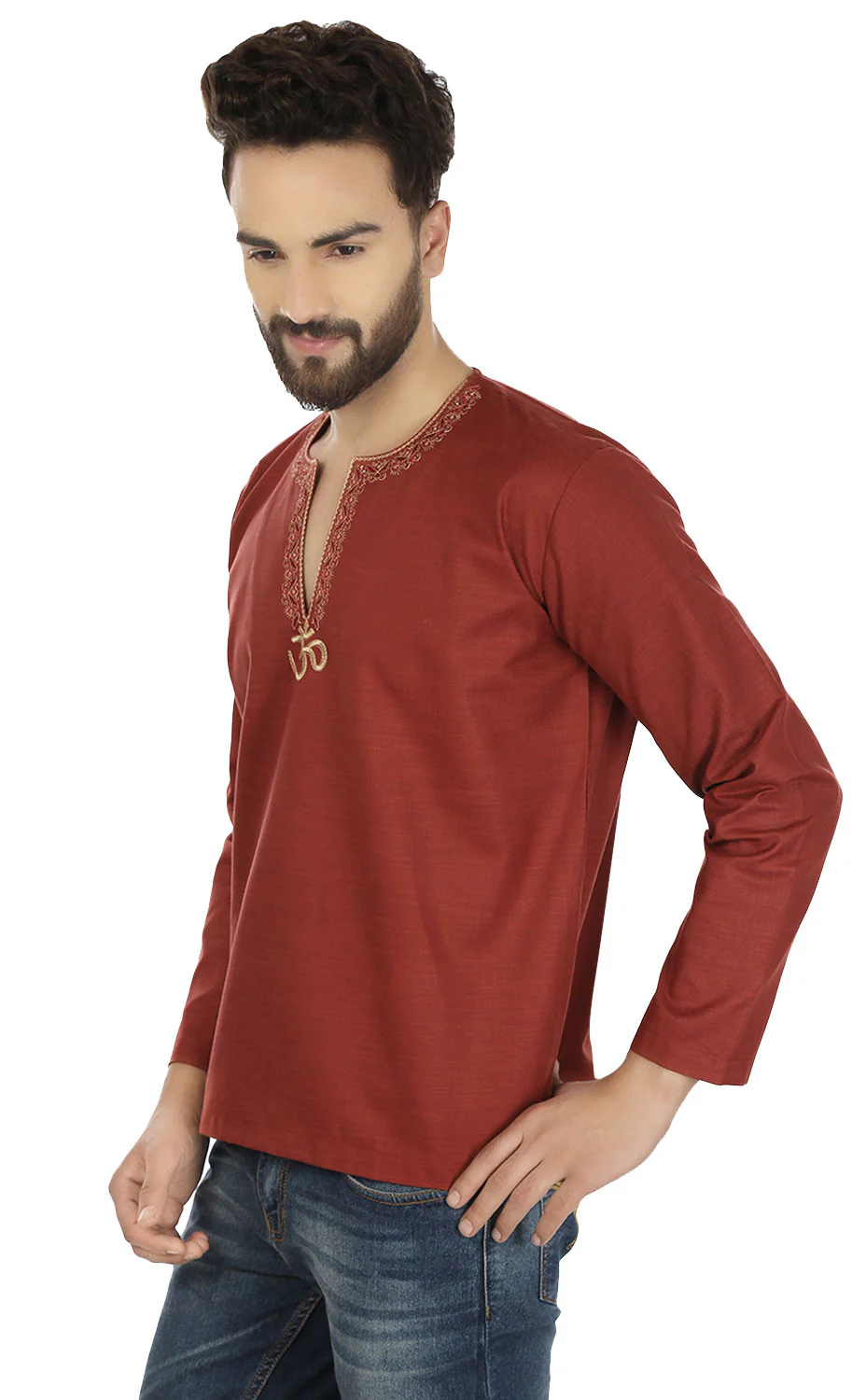 Cotton Dress Mens Short Kurta Shirt India Clothing (Maroon) - Image 5