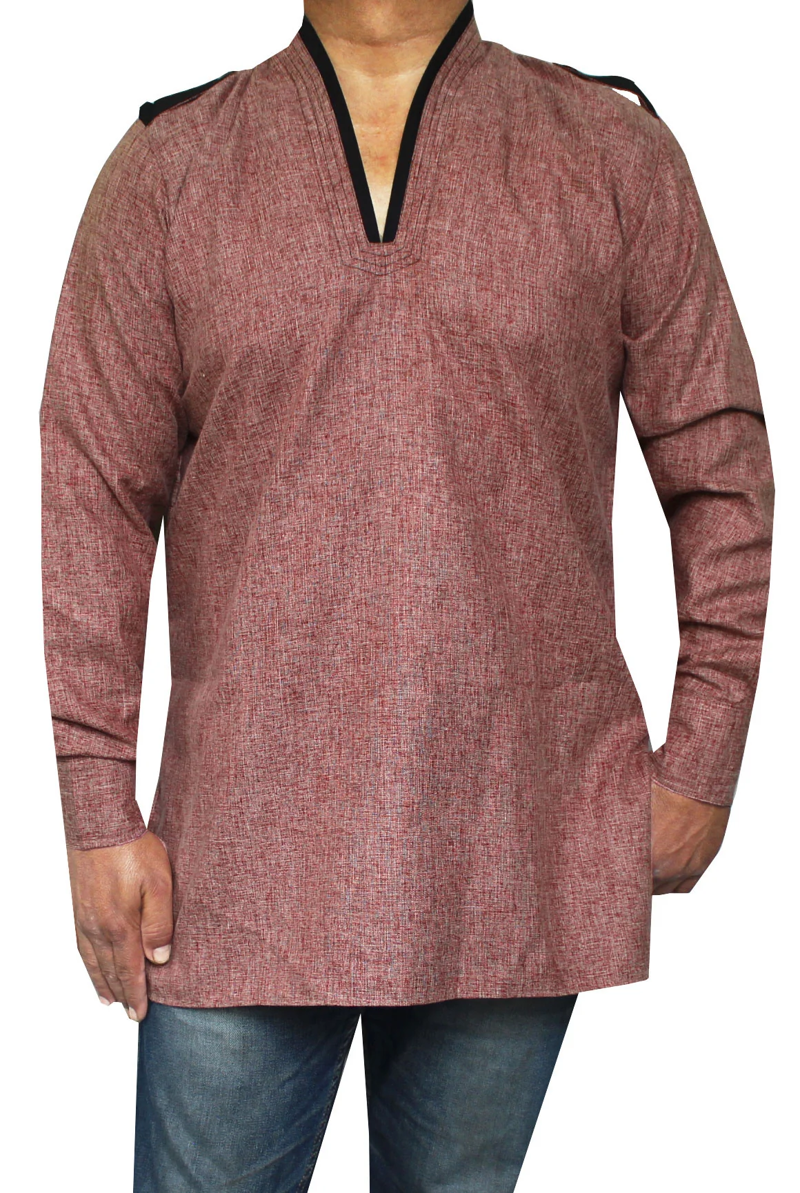 Men's Short Kurta Cotton Shirt India Clothing (Maroon) - Image 2