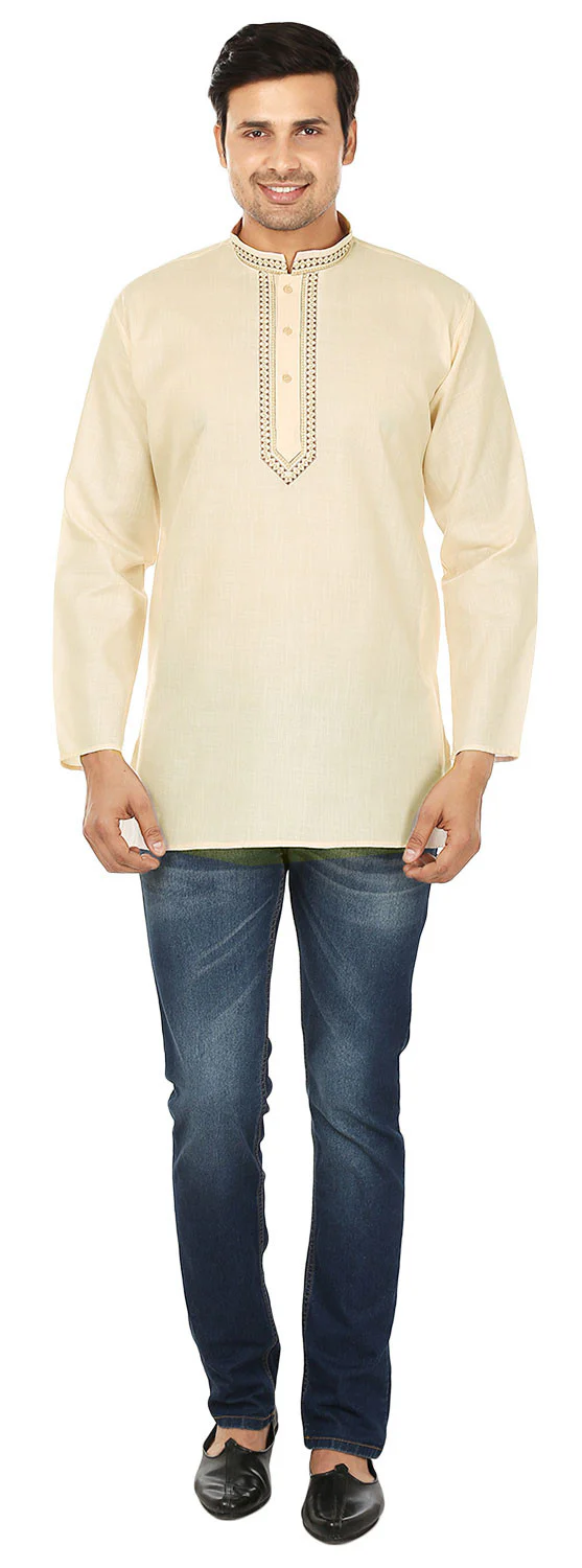 Cotton Dress Mens Short Kurta Shirt India Clothing (Cream) - Image 4
