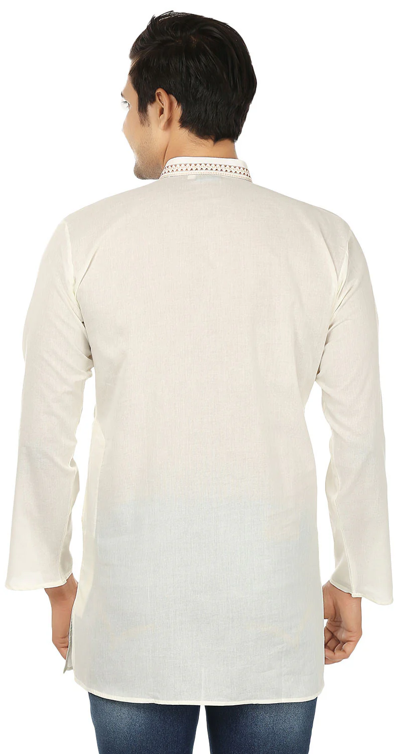Embroidered Cotton Men's Short Kurta Shirt Indian Clothes (Off-White) - Image 3