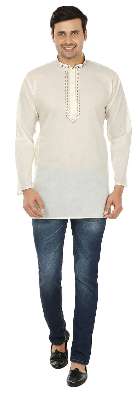 Embroidered Cotton Men's Short Kurta Shirt Indian Clothes (Off-White) - Image 4