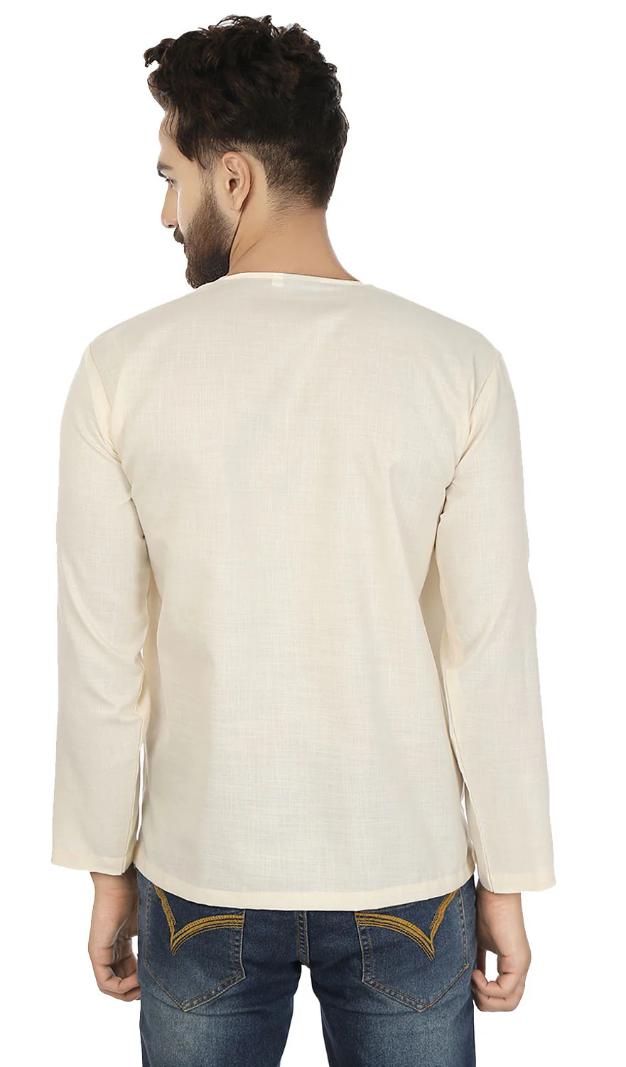 Cotton Dress Mens Short Kurta OM Shirt India Fashion Clothes (Cream) - Image 3