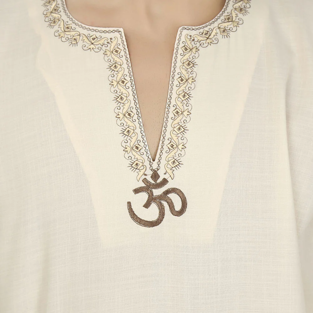 Cotton Dress Mens Short Kurta OM Shirt India Fashion Clothes (Cream) - Image 4