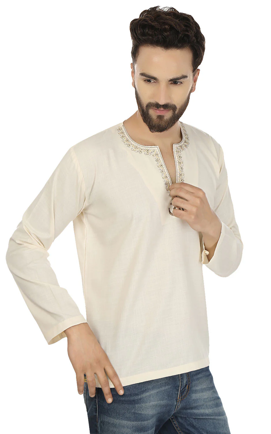 Cotton Dress Mens Short Kurta OM Shirt India Fashion Clothes (Cream) - Image 5