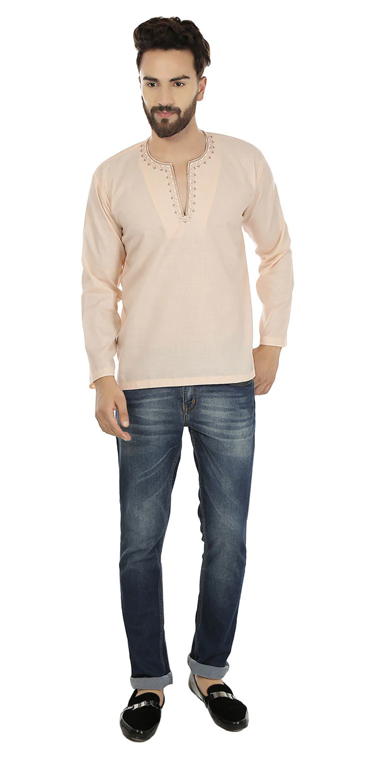 Cotton Dress Mens Short Kurta Shirt India Clothing (Beige) - Image 2