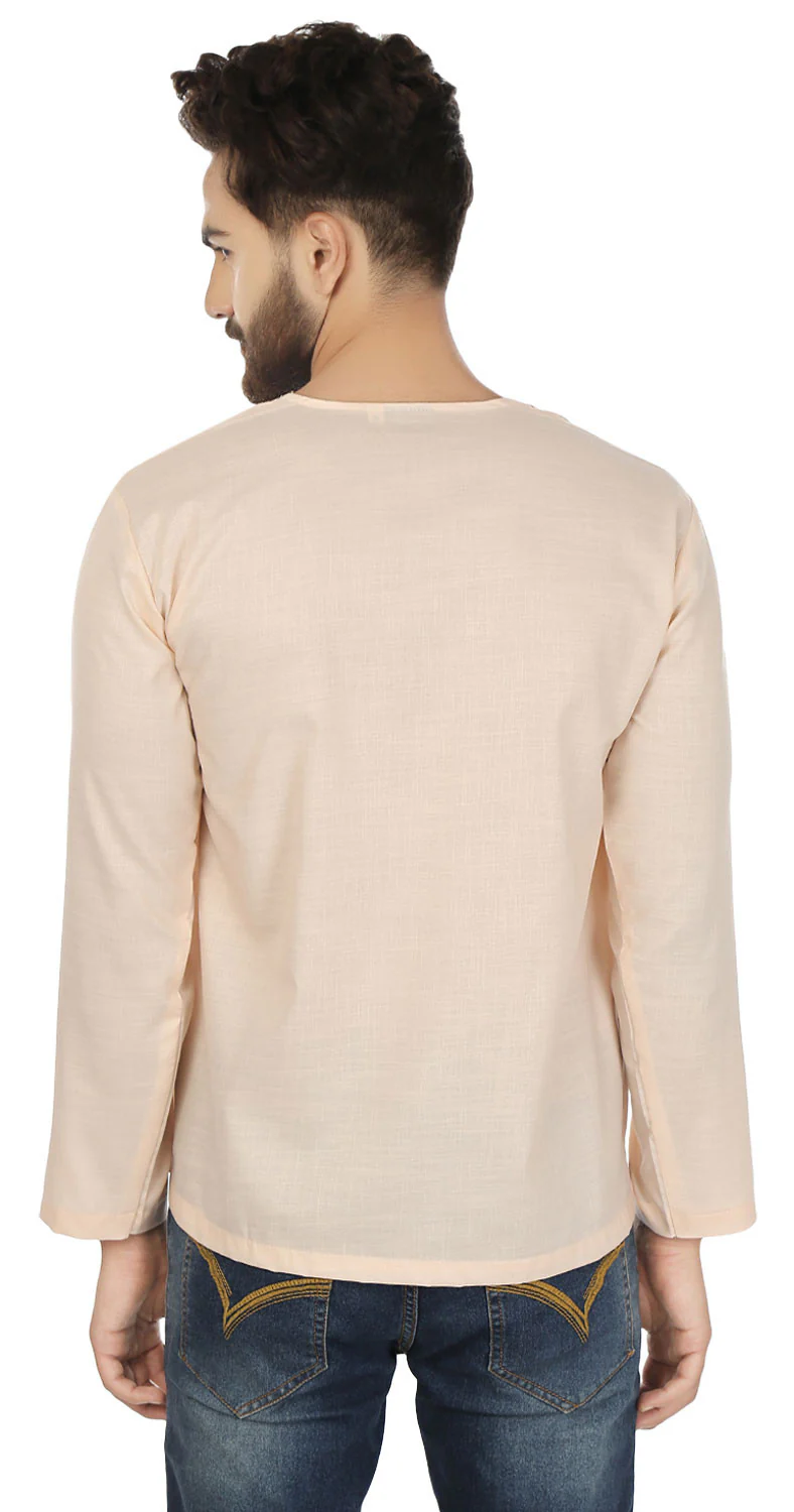 Cotton Dress Mens Short Kurta Shirt India Clothing (Beige) - Image 3