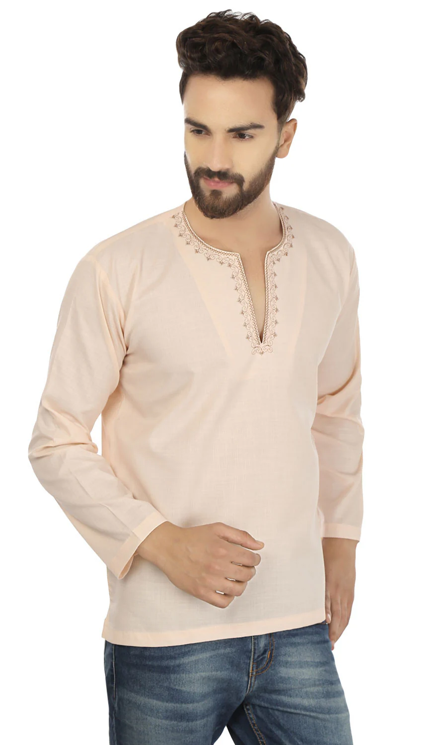Cotton Dress Mens Short Kurta Shirt India Clothing (Beige) - Image 5