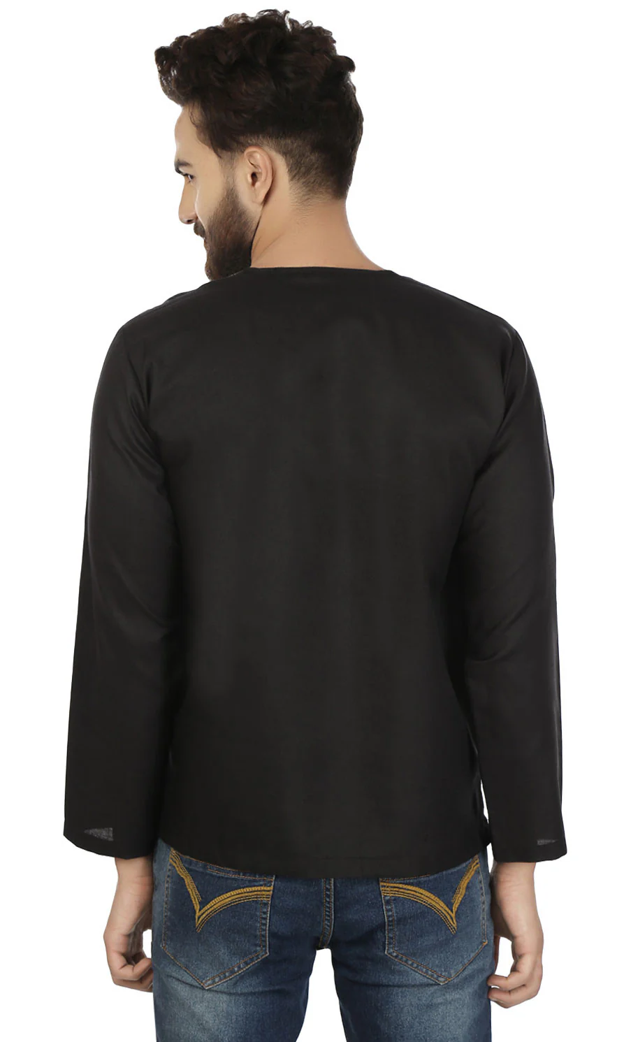 Cotton Dress Mens Short Kurta Shirt Indian Fashion Clothing (Black) - Image 3