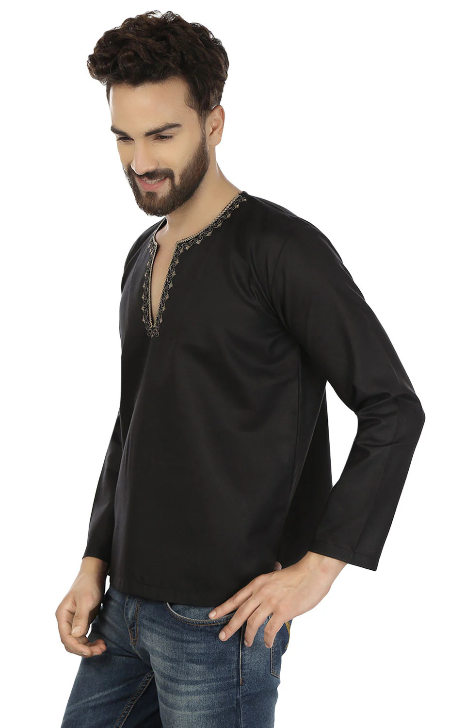 Cotton Dress Mens Short Kurta Shirt Indian Fashion Clothing (Black) - Image 5