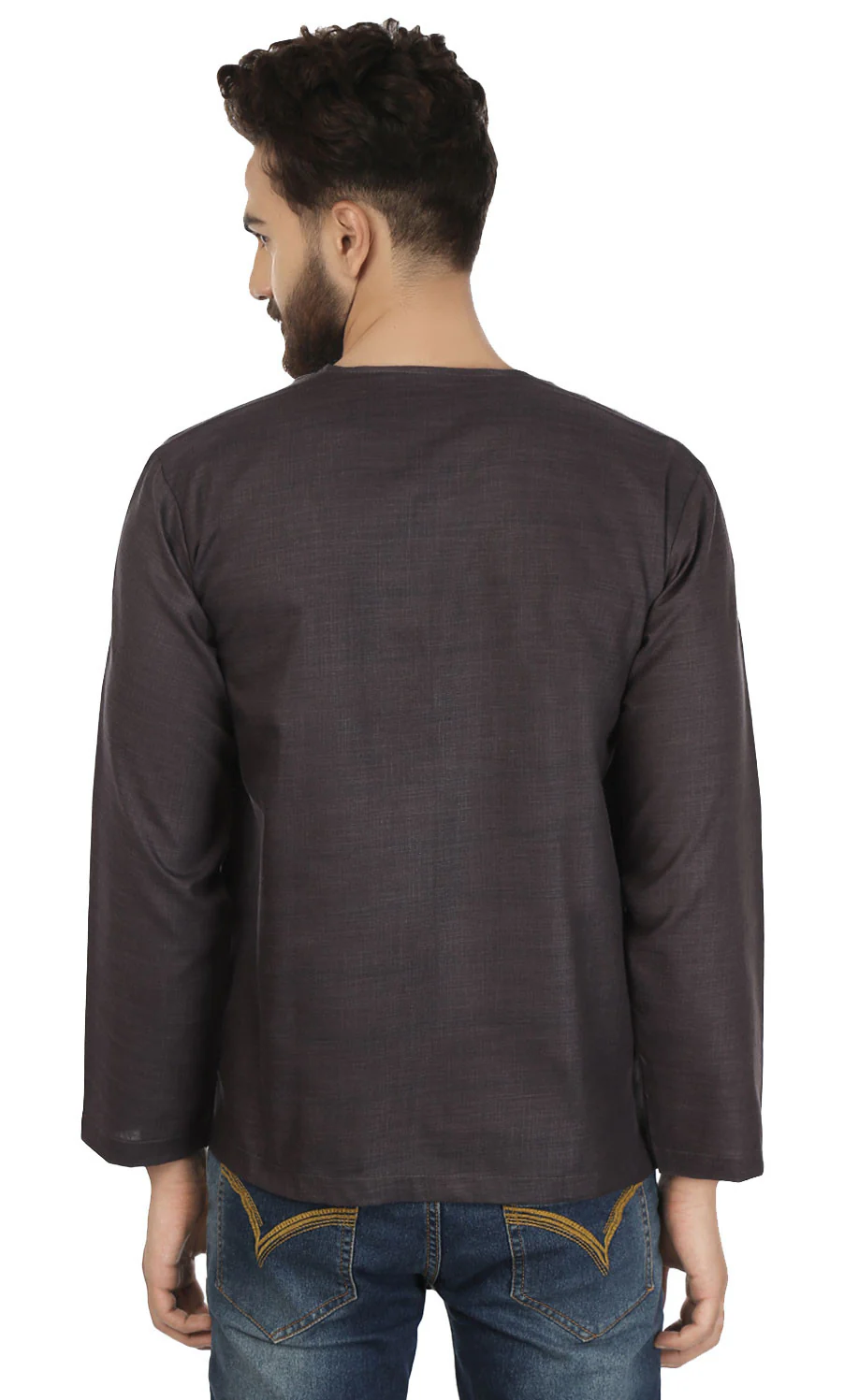 Cotton Dress Mens Short Kurta OM Shirt Indian Fashion Clothing(Carbon Black) - Image 3