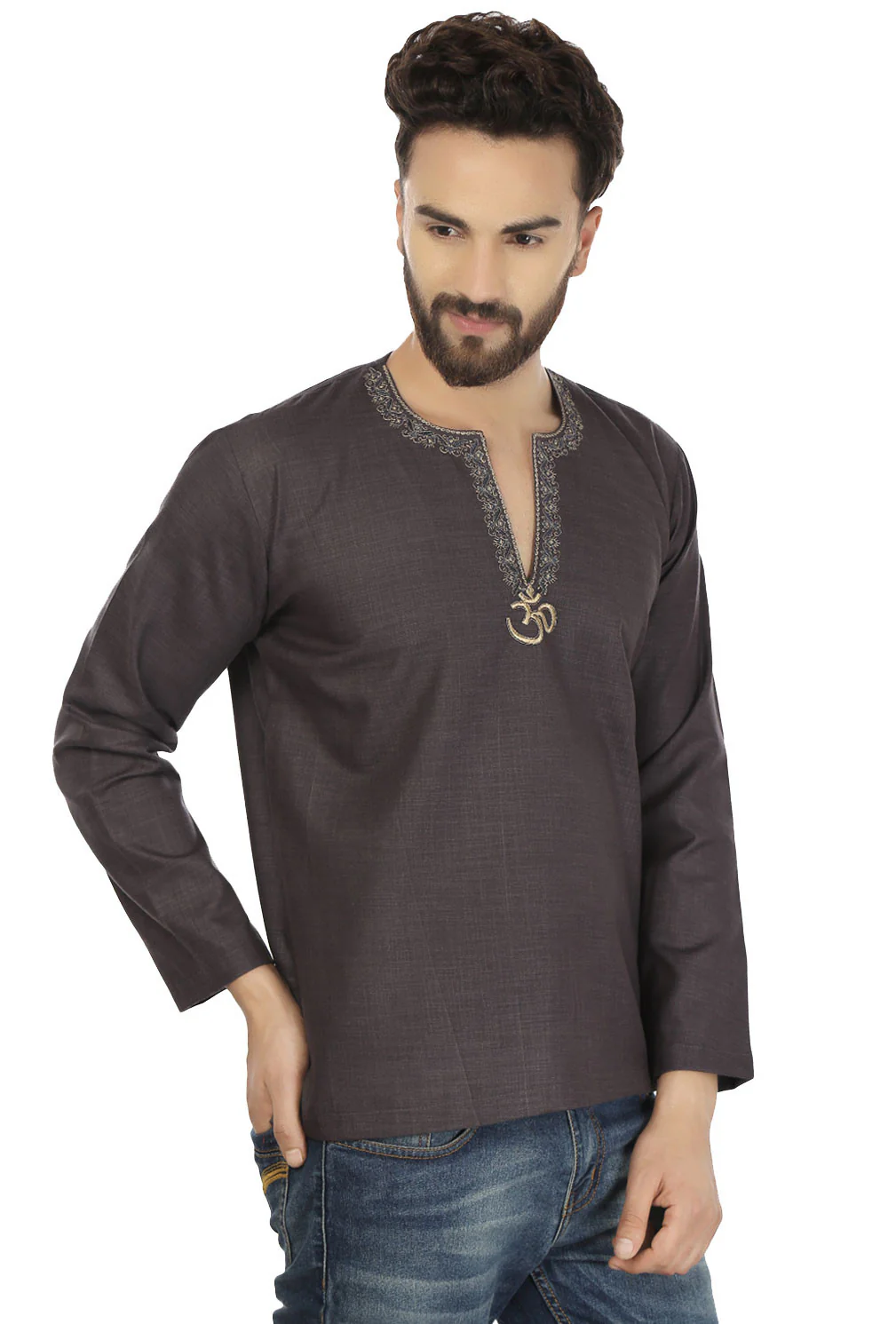 Cotton Dress Mens Short Kurta OM Shirt Indian Fashion Clothing(Carbon Black) - Image 5