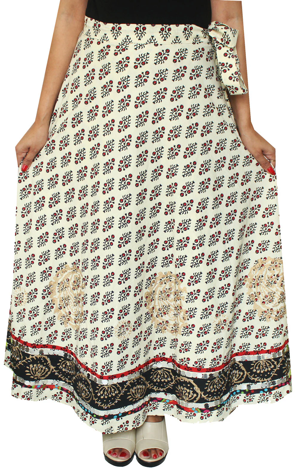 Cotton Printed Indian Long Wrap Around Maxi Beads Clothes (Off-White) - Image 2