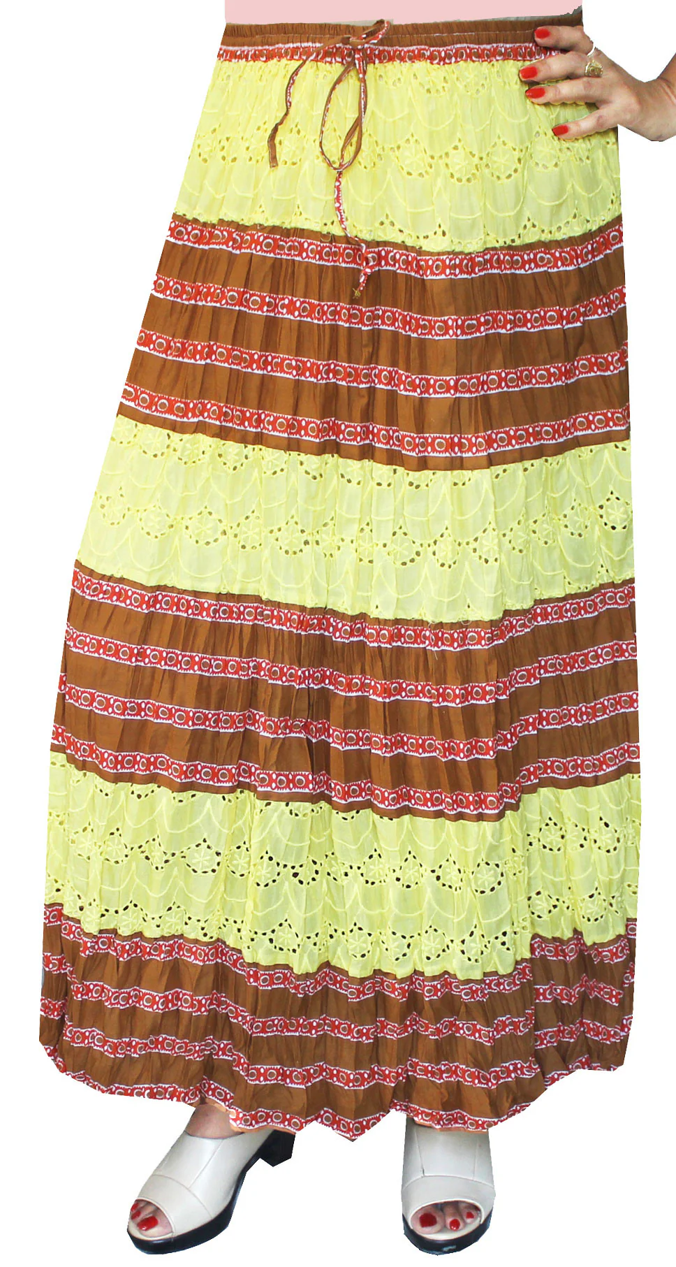 Cotton Printed Long Skirt Womens Embroidered Indian Clothing (Yellow)