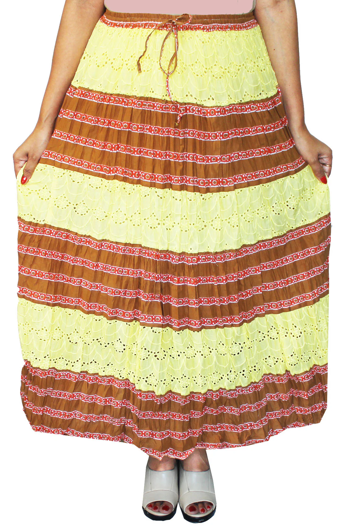 Cotton Printed Long Skirt Womens Embroidered Indian Clothing (Yellow) - Image 2