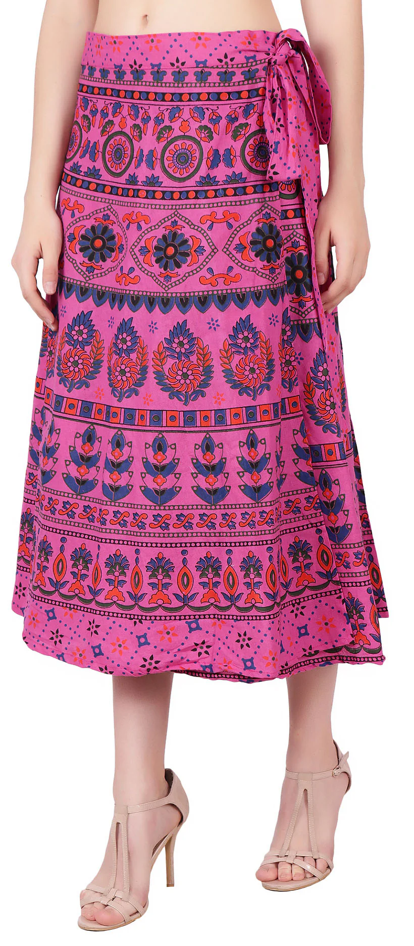 Cotton Printed Wrap Around Skirt Women's India Clothes (Pink, One Size) - Image 2