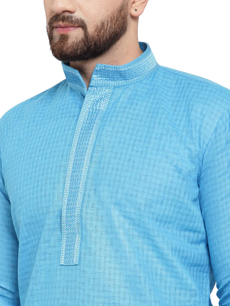 Cotton Self Design Men's Kurta Pajama Evening Wear Self Design India Apparel (Blue) - Image 3