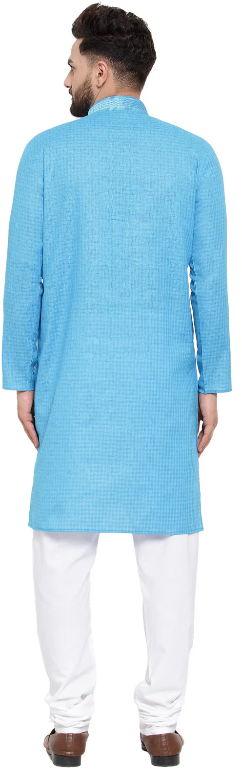 Cotton Self Design Men's Kurta Pajama Evening Wear Self Design India Apparel (Blue) - Image 4