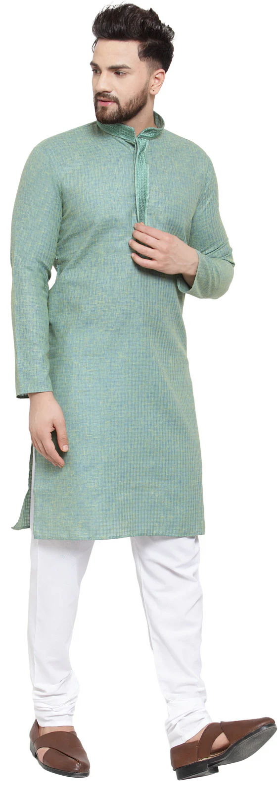 Cotton Self Design Men's Kurta Pajama Evening Wear Self Design India (Green) - Image 2