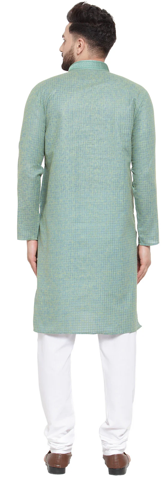 Cotton Self Design Men's Kurta Pajama Evening Wear Self Design India (Green) - Image 3