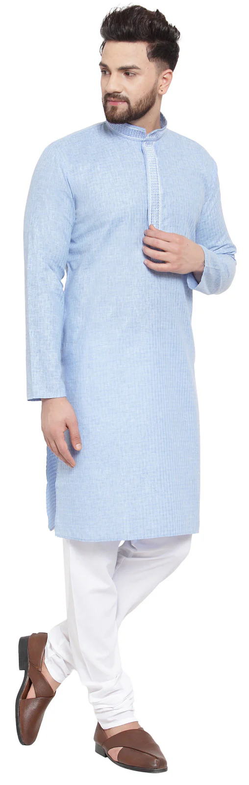 Cotton Self Design Men's Kurta Pajama Evening Wear Self Design (Sky Blue) - Image 2