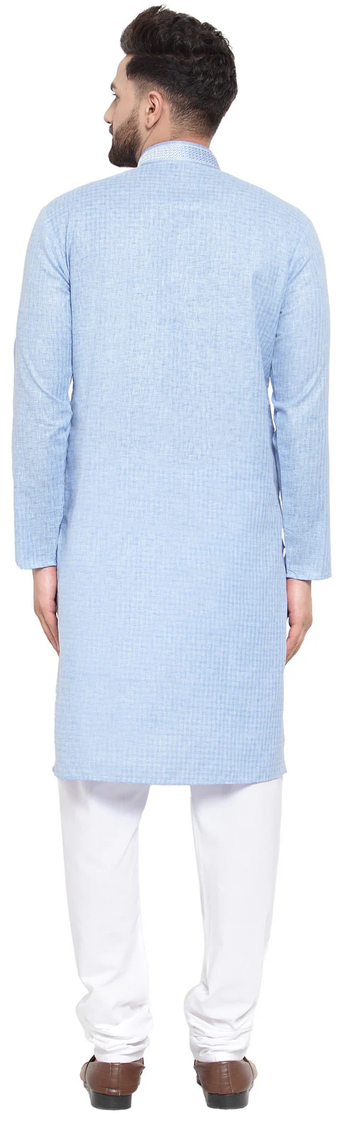 Cotton Self Design Men's Kurta Pajama Evening Wear Self Design (Sky Blue) - Image 3