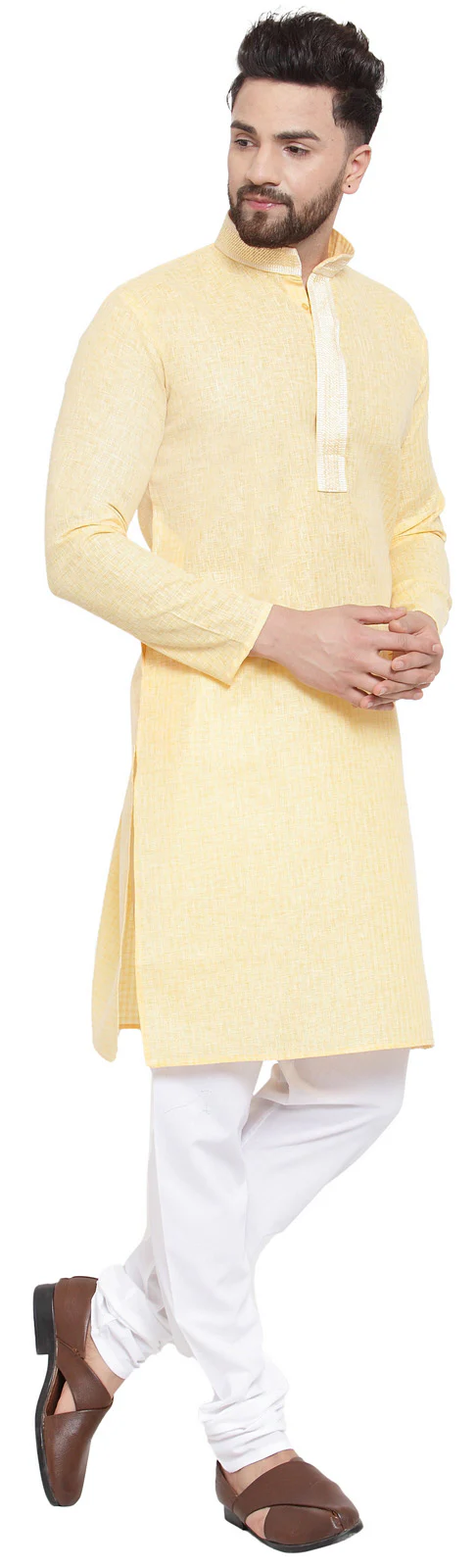 Cotton Self Design Men's Kurta Pajama Evening Wear Self Design (Yellow) - Image 2