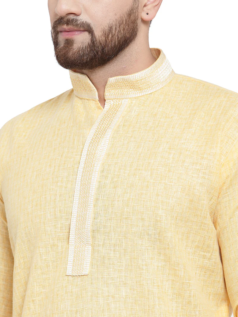 Cotton Self Design Men's Kurta Pajama Evening Wear Self Design (Yellow) - Image 3