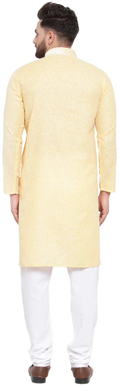 Cotton Self Design Men's Kurta Pajama Evening Wear Self Design (Yellow) - Image 4