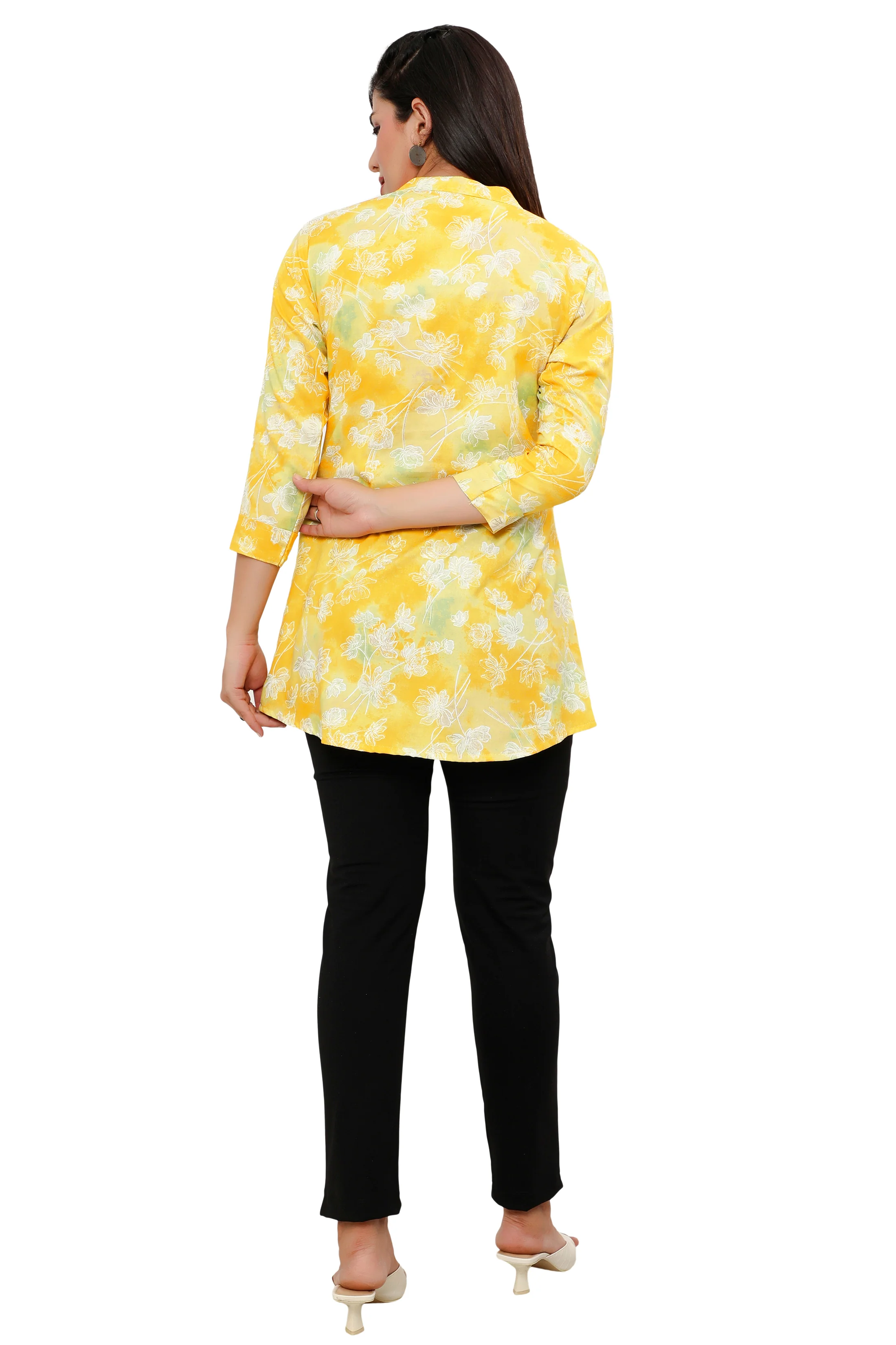 Cotton Short Kurtis Tunic Top Kurta for Women from India (Yellow) - Image 2
