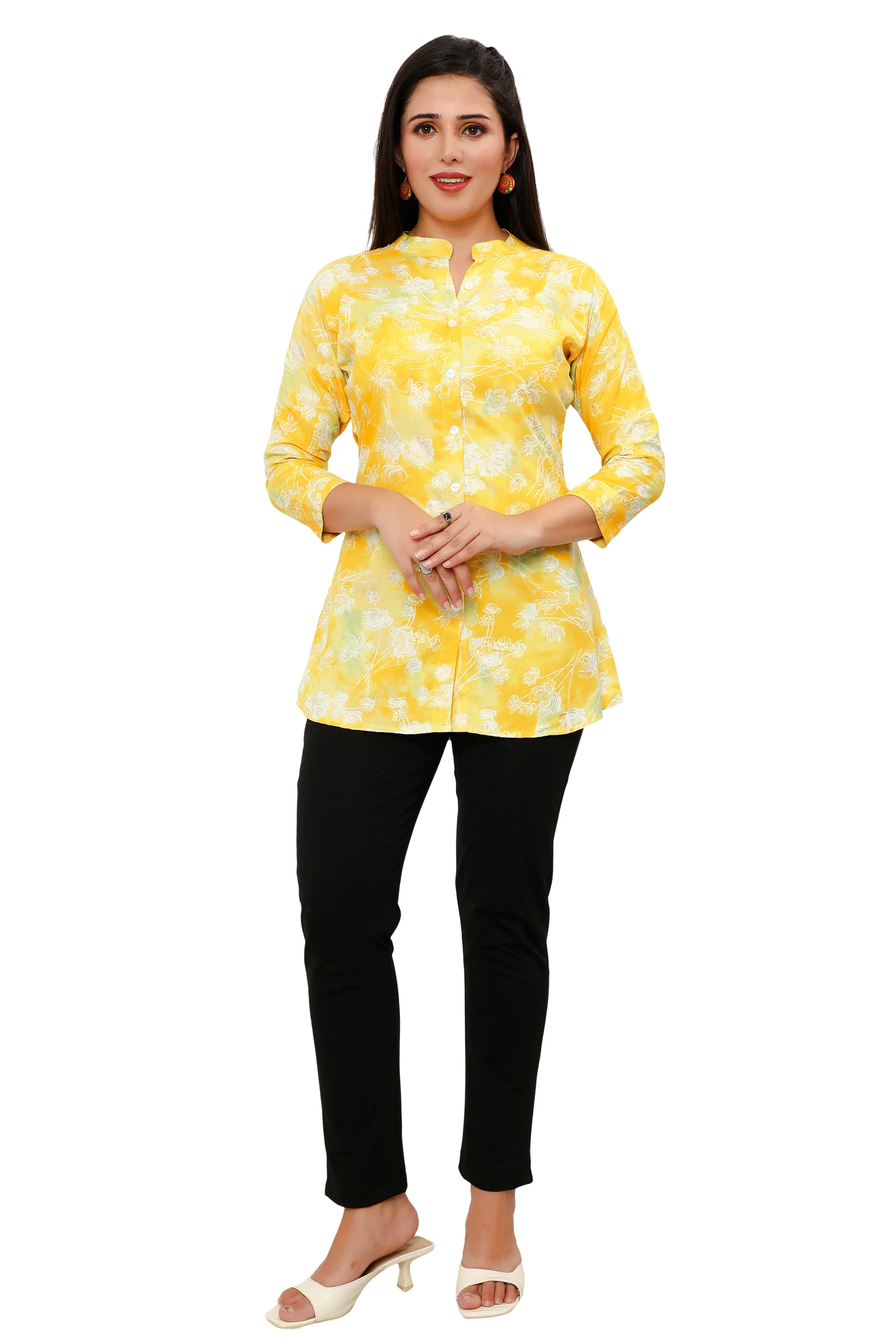 Cotton Short Kurtis Tunic Top Kurta for Women from India (Yellow) - Image 5