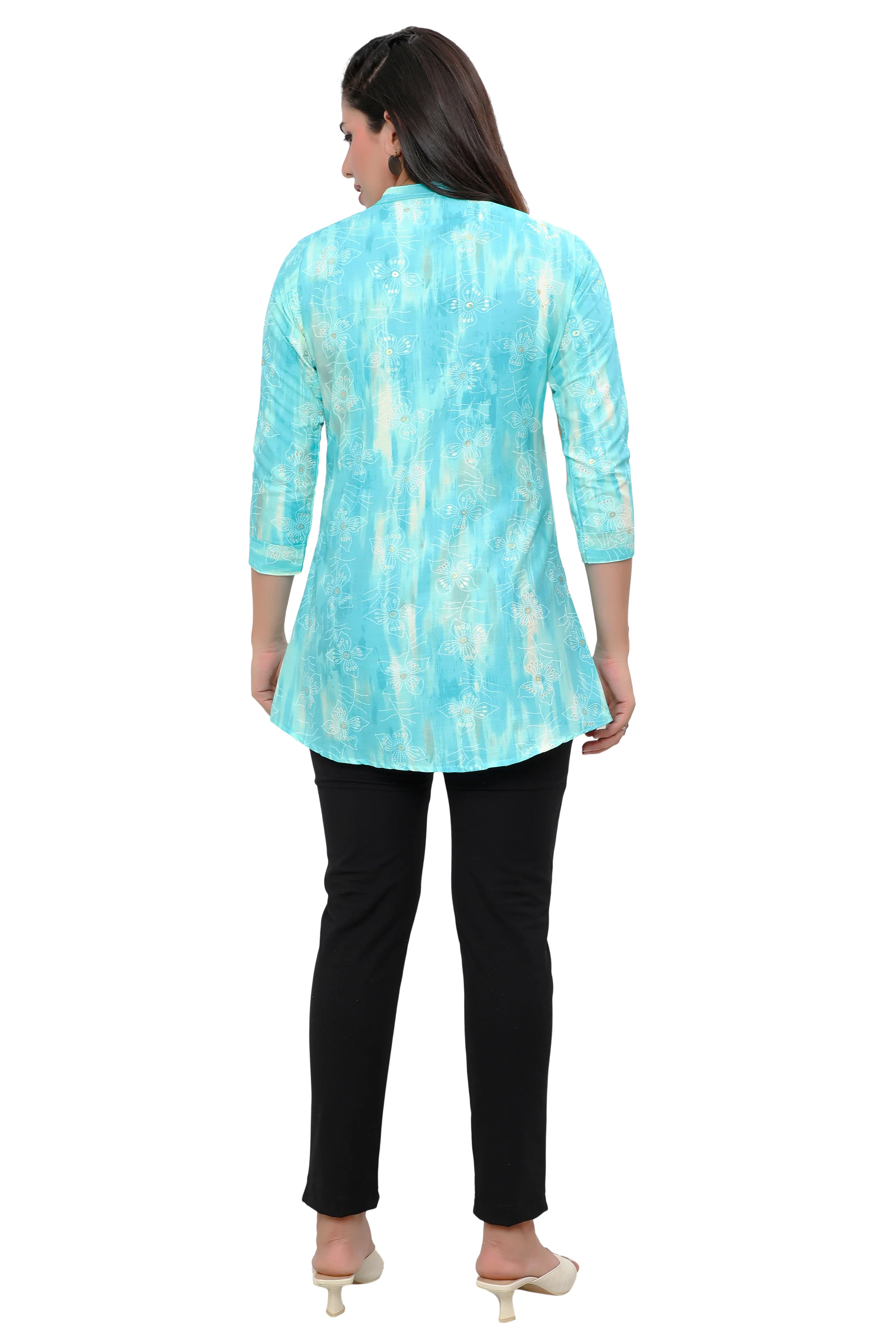 Cotton Short Kurtis Tunic Top Kurta for Women from India (Aqua) - Image 2