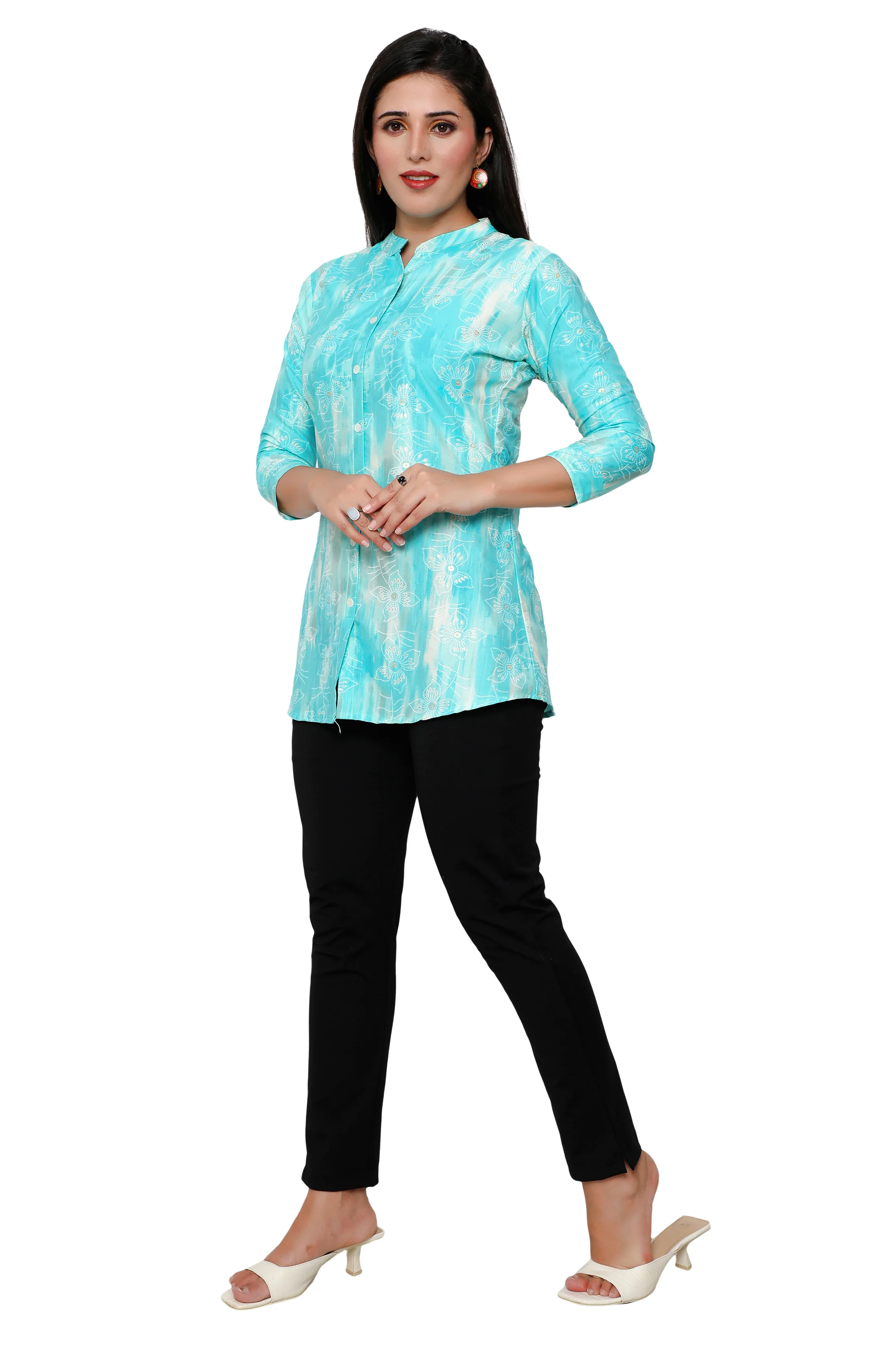 Cotton Short Kurtis Tunic Top Kurta for Women from India (Aqua) - Image 5