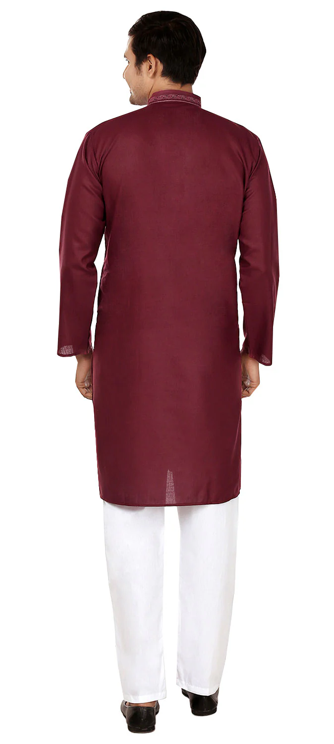 Men's Kurta Pajama Embroidered Silk Cotton Indian Clothing (Maroon) - Image 3