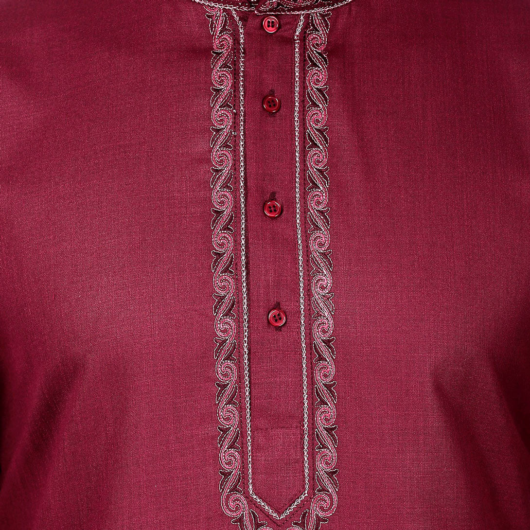Men's Kurta Pajama Embroidered Silk Cotton Indian Clothing (Maroon) - Image 4