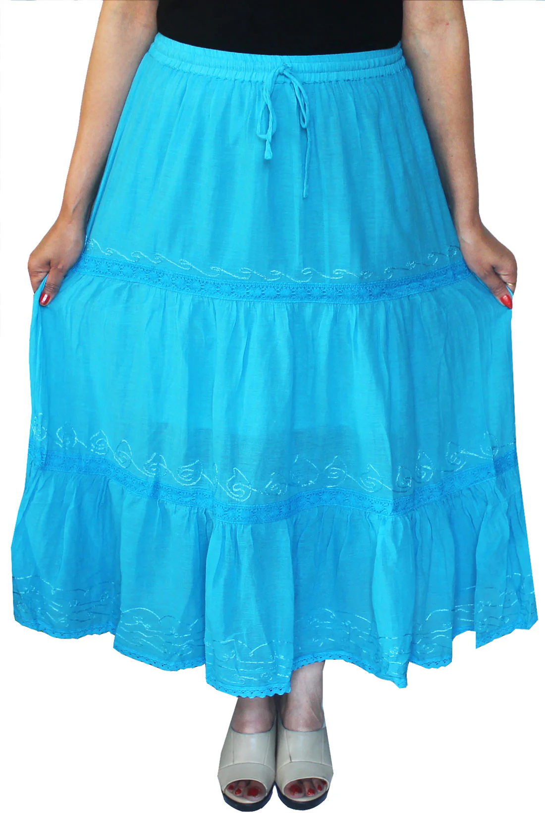 Cotton Solid Embroidered Skirt Womens Indian Clothing (Blue) - Image 2