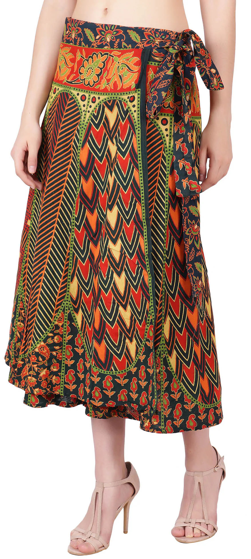 Cotton Wrap Around Long Skirt Printed Women's India Clothes (Green, One Size) - Image 2