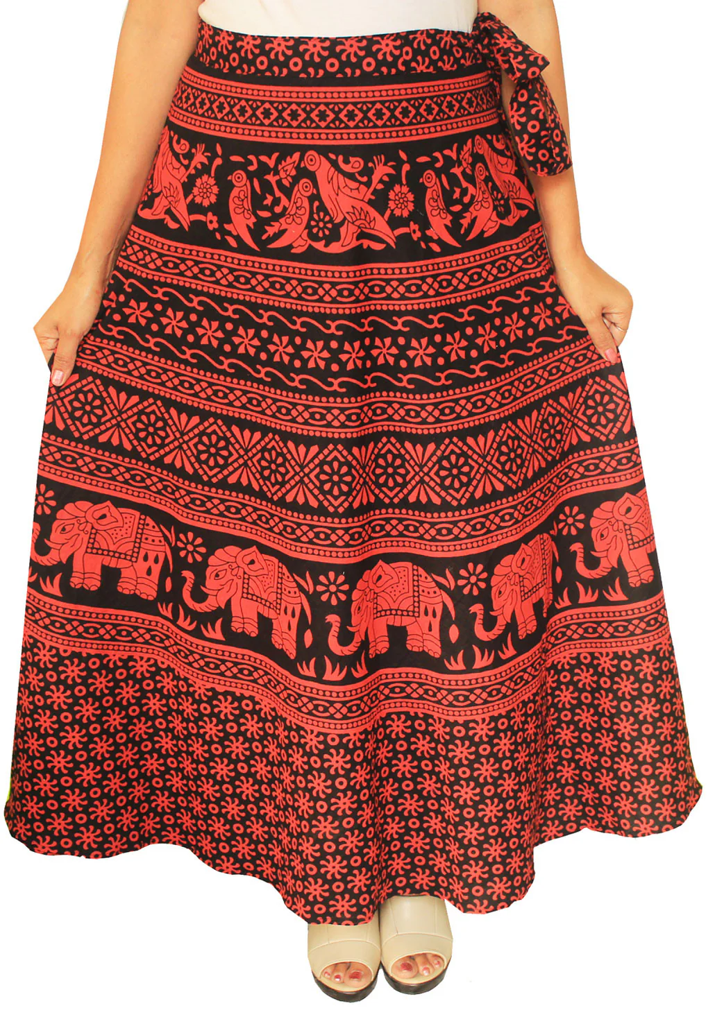 Cotton Wrap Around Long Skirt Womens Indian Clothing (Red) - Image 2