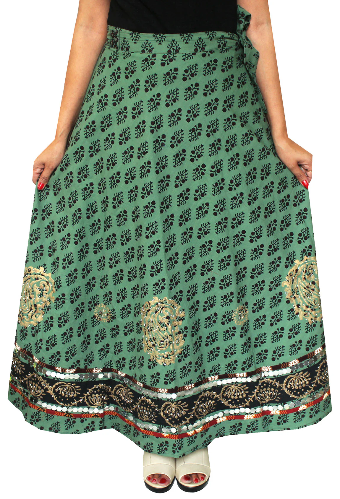 Cotton Wrap Around Womens Long Skirt Maxi India Clothing (Green) - Image 2