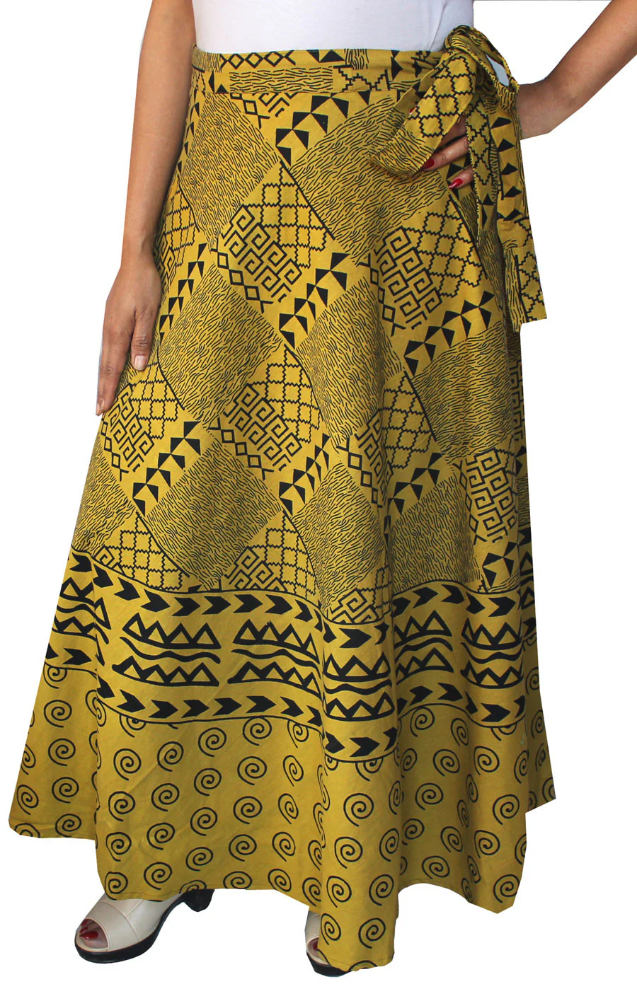 Cotton Wrap Around Long Printed Skirt Womens India Clothing (Dark Yellow)