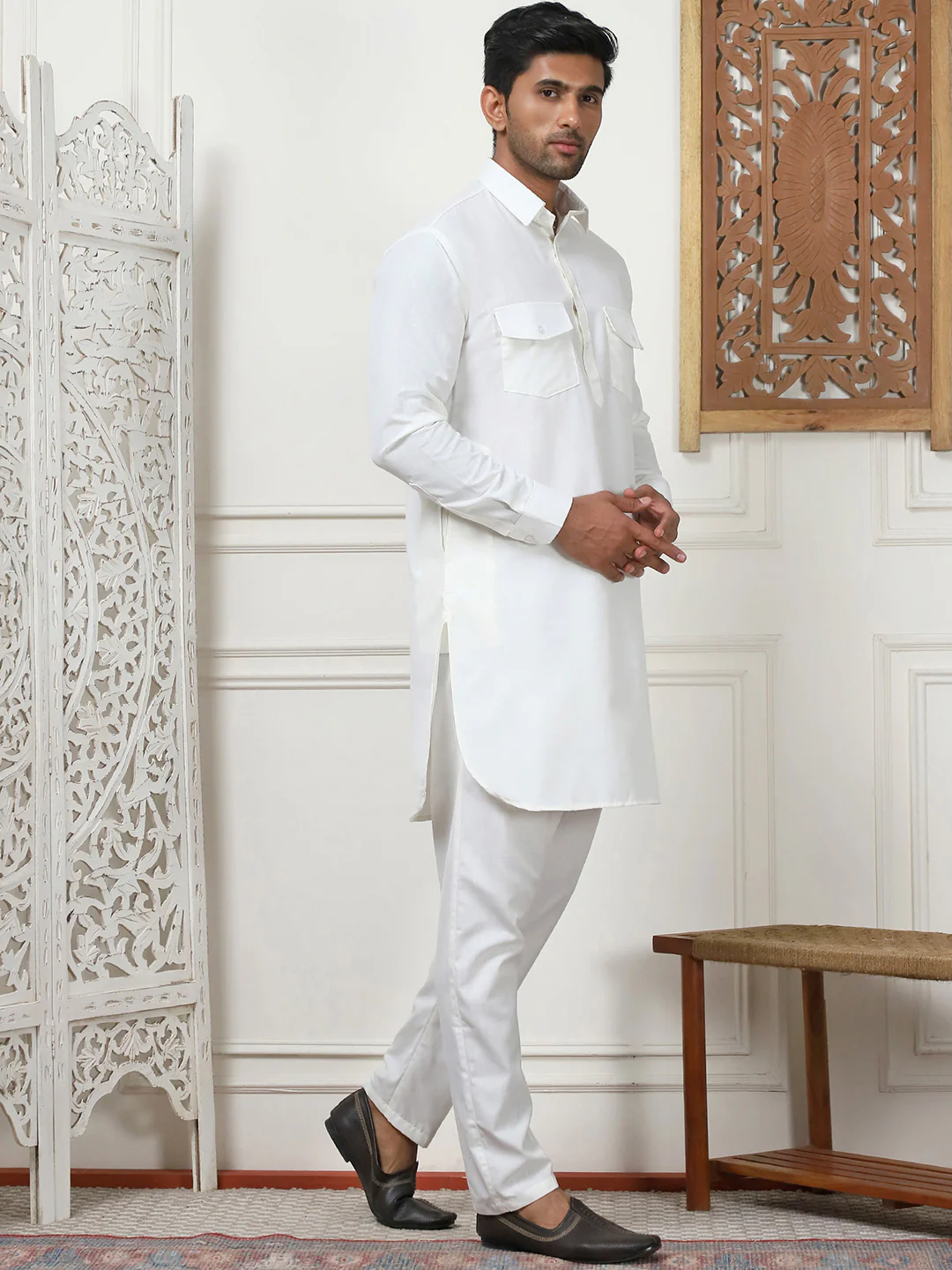 Cream Punjabi Kurta Pajama Set – Cotton Indian Wear for Men - Image 2