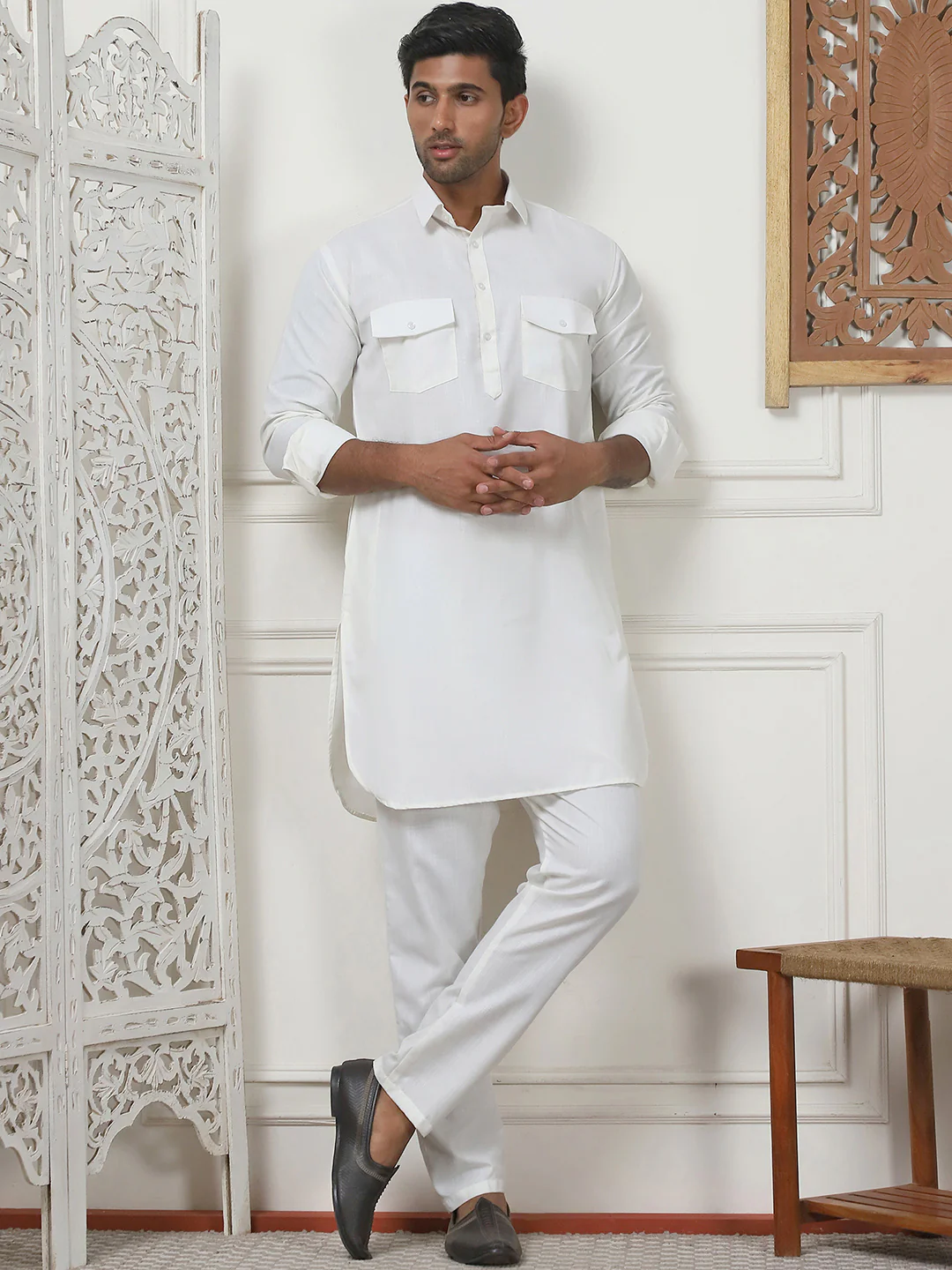 Cream Punjabi Kurta Pajama Set – Cotton Indian Wear for Men - Image 4