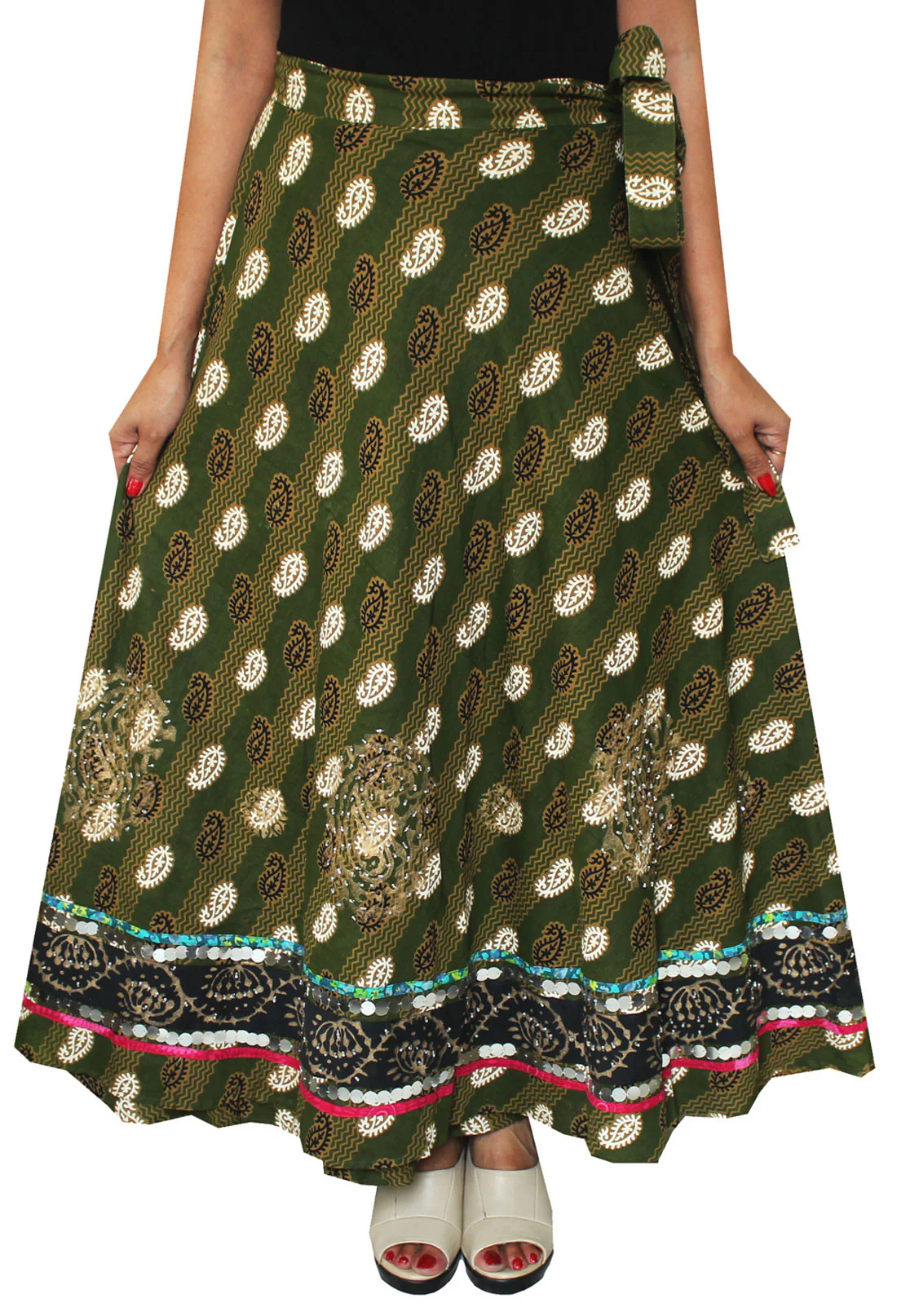 Designer Indian Wrap Skirt Long Cotton Maxi Printed India (Green) - Image 2