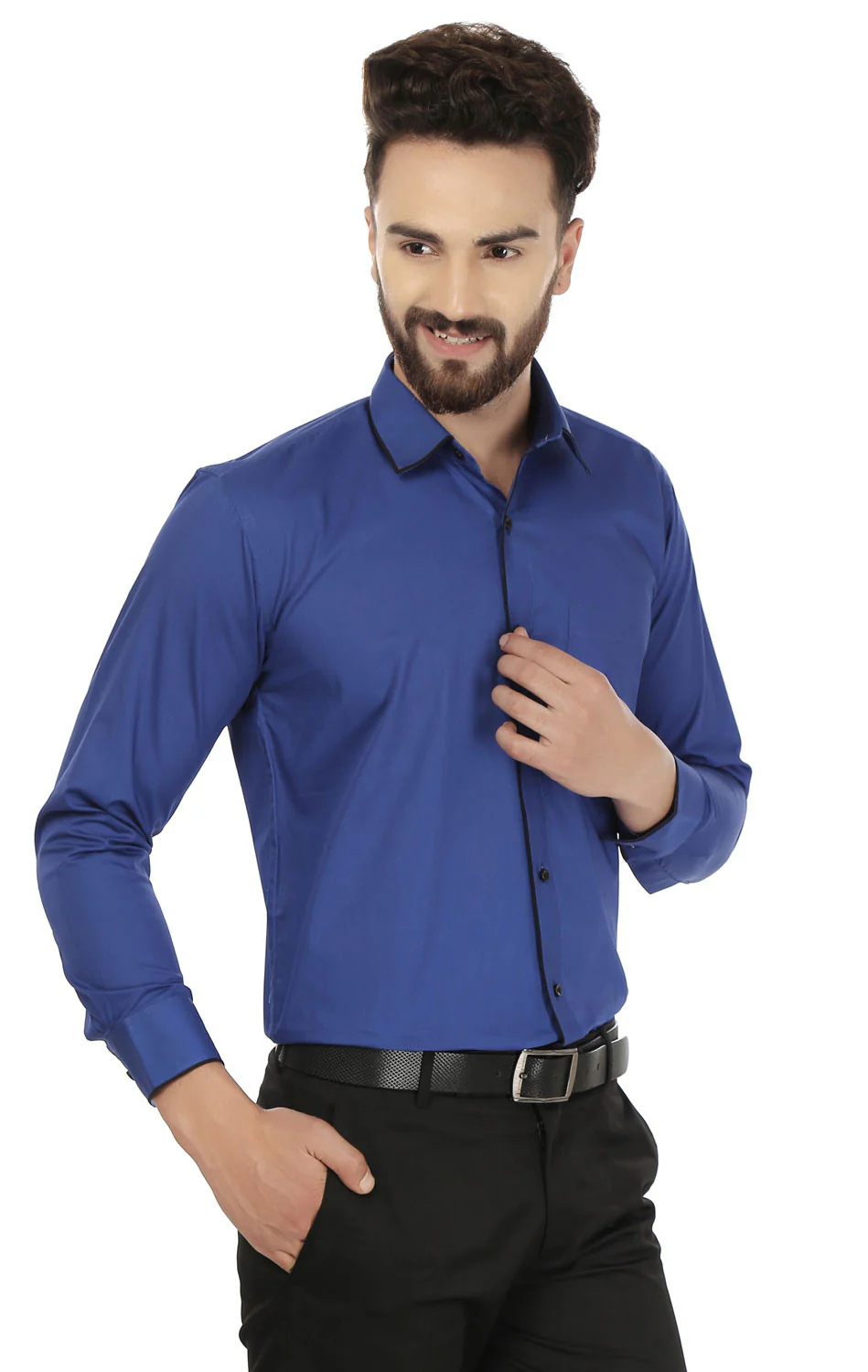 Dress Shirt Men's Long Sleeve Cotton Button Down Collar (Blue) - Image 5