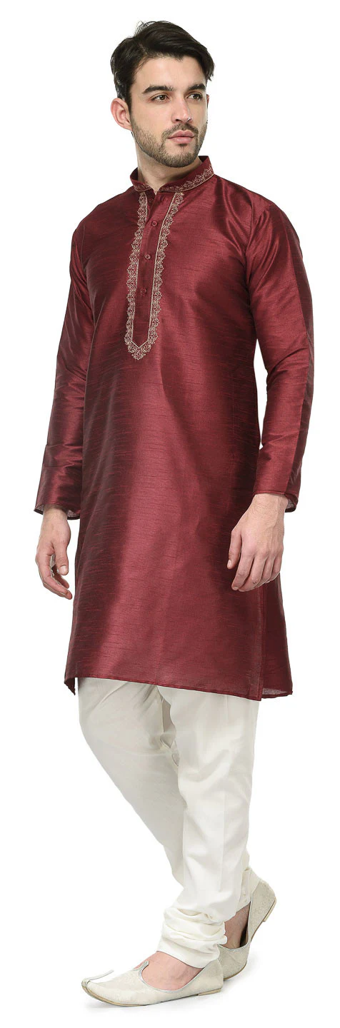 Dupion Silk Mens Party Wear Kurta Pyjama Indian Clothes (Maroon) - Image 2