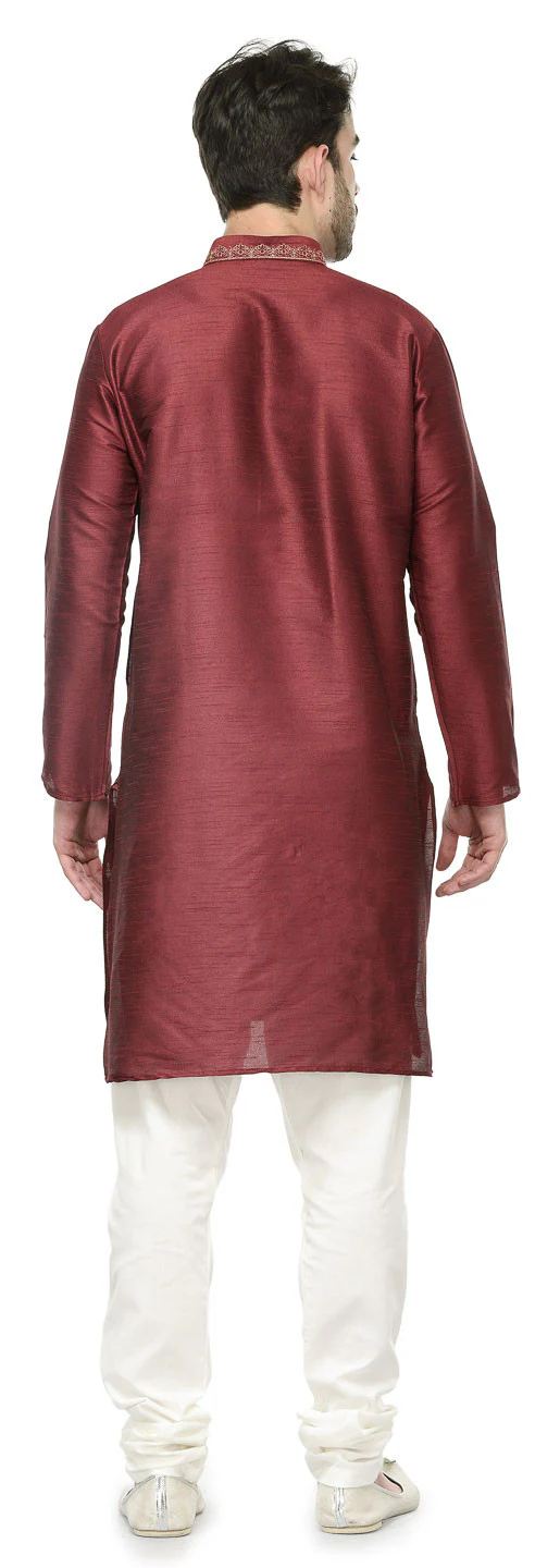 Dupion Silk Mens Party Wear Kurta Pyjama Indian Clothes (Maroon) - Image 3