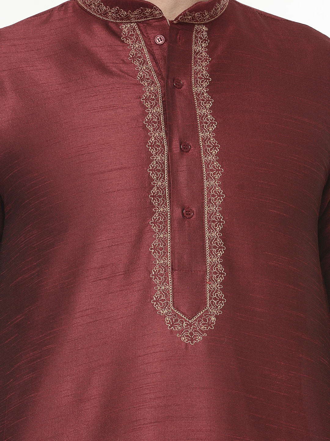 Dupion Silk Mens Party Wear Kurta Pyjama Indian Clothes (Maroon) - Image 4